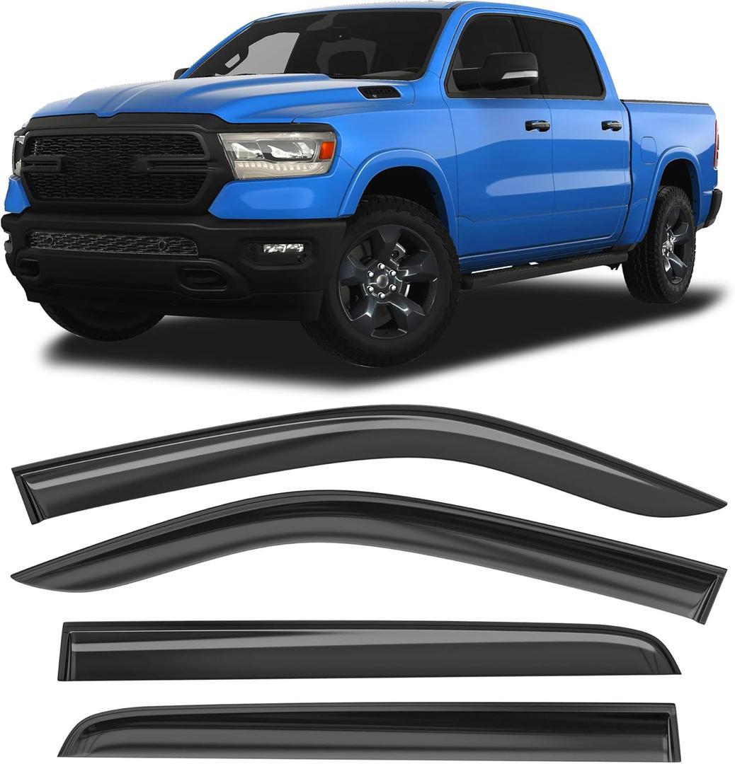 Shatterproof Taped-On Window Deflectors for Dodge Ram 1500 Crew Cab 2019-2025 (New Body Style), Rain Guards, Window Visors for Cars, Vent Deflector, 4pcs