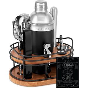 Home Hero Elegant Bartender Kit with Wooden Stand, Premium Bar Set & Cocktail Shaker, Gift for Home Bar and Cocktail Enthusiasts, Essential Bar Accessories with Recipe Book (10 Pcs - Silver)