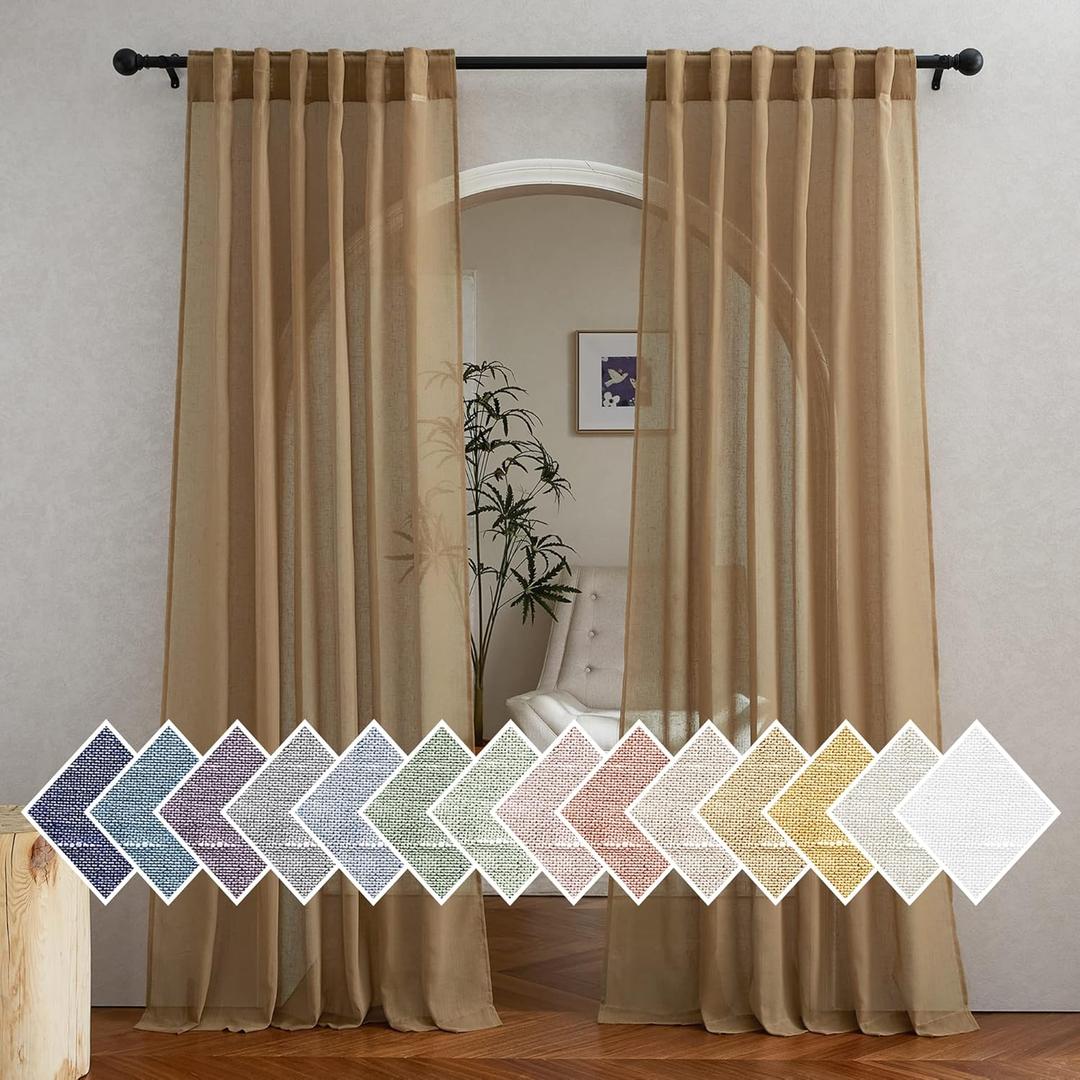 NICETOWN Semi Sheer Linen Curtains Flax Texture 84 inch Length, Rod Pocket & Back Tab Linen Blend Window Drapes Privacy with Light Filtering for Bedroom/Laundry, Camel, W52 x L84, 2 Panels (52"W x 84"L (Pack of 2))
