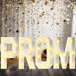 VIHOSE Prom Letters with Lights Large 2.4Ft, 4 Pcs Marquee Mosaic Foam Board Kit, LED Light Up Sign, Battery Operated Warm White Decor for High School Senior Class of 2026 Graduation Party