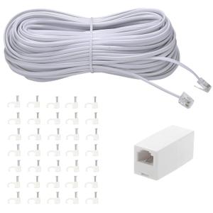 100Feet Long Telephone Extension Cord Phone Cable Line Wire, with Standard RJ11 Plug and 1 in-Line Couplers and 35Cable Clip Holders-White