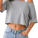 JDEEO Women's One Shoulder Crop Top Short Sleeve Summer Casual Tee Asymmetrical Off Shoulder Tops for Beach Vacation Grey Large (Gray)