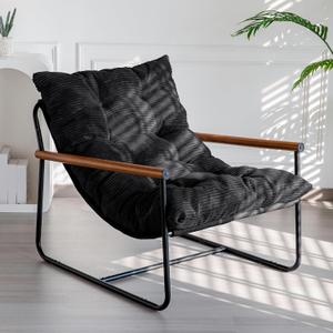 MAXYOYO Modern Accent Chair, Comfy Living Room Chair with Metal Frame Wooden Armrest, Upholstered Armchair with Soft Cushion for Bedroom Balcony Lounge Reading Room, Black, Standard