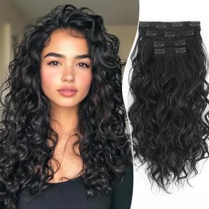 Aisaide Clip in Hair Extensions, 4PCS 20 inch Curly Hair Extensions Short Soft Natural Hairpiece Lace Weft Black Curly Wave Clip Ins Extensions Invisible for Women,Natural Black