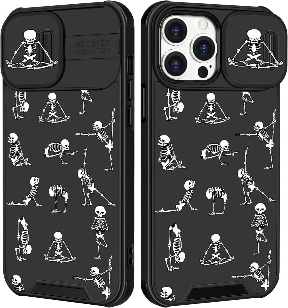 (2in1 for iPhone 12 Pro Max Case Skull for Women Cute Skeleton Yoga Phone Cover Funny Ghost Horror Design with Slide Camera Cover Protective Cool Black Teen Cases for iPhone 12 ProMax 6.7''