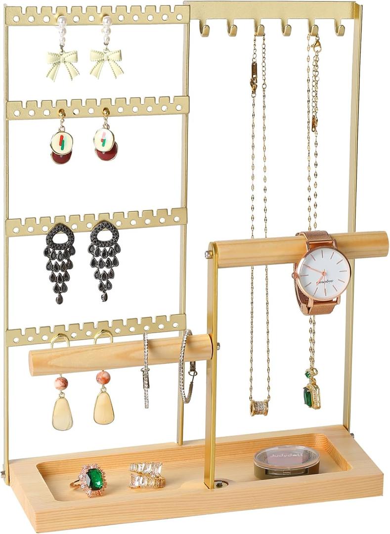 Jewelry Organizer Stand, Jewelry Holder, Lengnoy 4 Tier Earring Holder with 48 Holes and 6 Hooks Necklace Organizer Wood Box for Necklace Bracelet Earring Ring, Gold (11 IN)