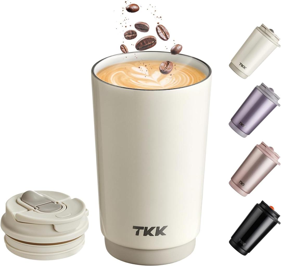 TKK Coffee Cup with Ceramic Coating - 14oz Insulated Stainless Steel Travel Mug, Leak-Proof Tumblers with Straw for Hot/Cold Beverages, Easy Wide Mouth Cleaning, White