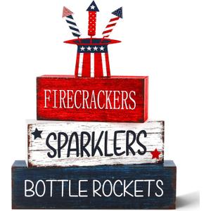 4 Pcs 4th of July Patriotic Wooden Tiered Tray Decor, Independence Day Decorations Gifts for Home, Memorial Day Red White Blue Table Centerpiece for Office Party Shelf Kitchen 250th Anniversary