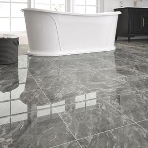 20-Pack 19.34 Sq.Ft Peel and Stick Floor Tiles Vinyl Glossy Pattern Flooring, 11.8 x 11.8 Self Adhesive Vinyl Flooring DIY for Kitchen, Bathroom, Laundry, Polish Dark Grey Marble