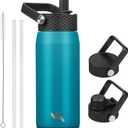 20oz Insulated Stainless Steel Water Bottle with Straw and 3 Lids, BPA-Free Sports Water Bottle, Travel Water Bottle, Lake Blue