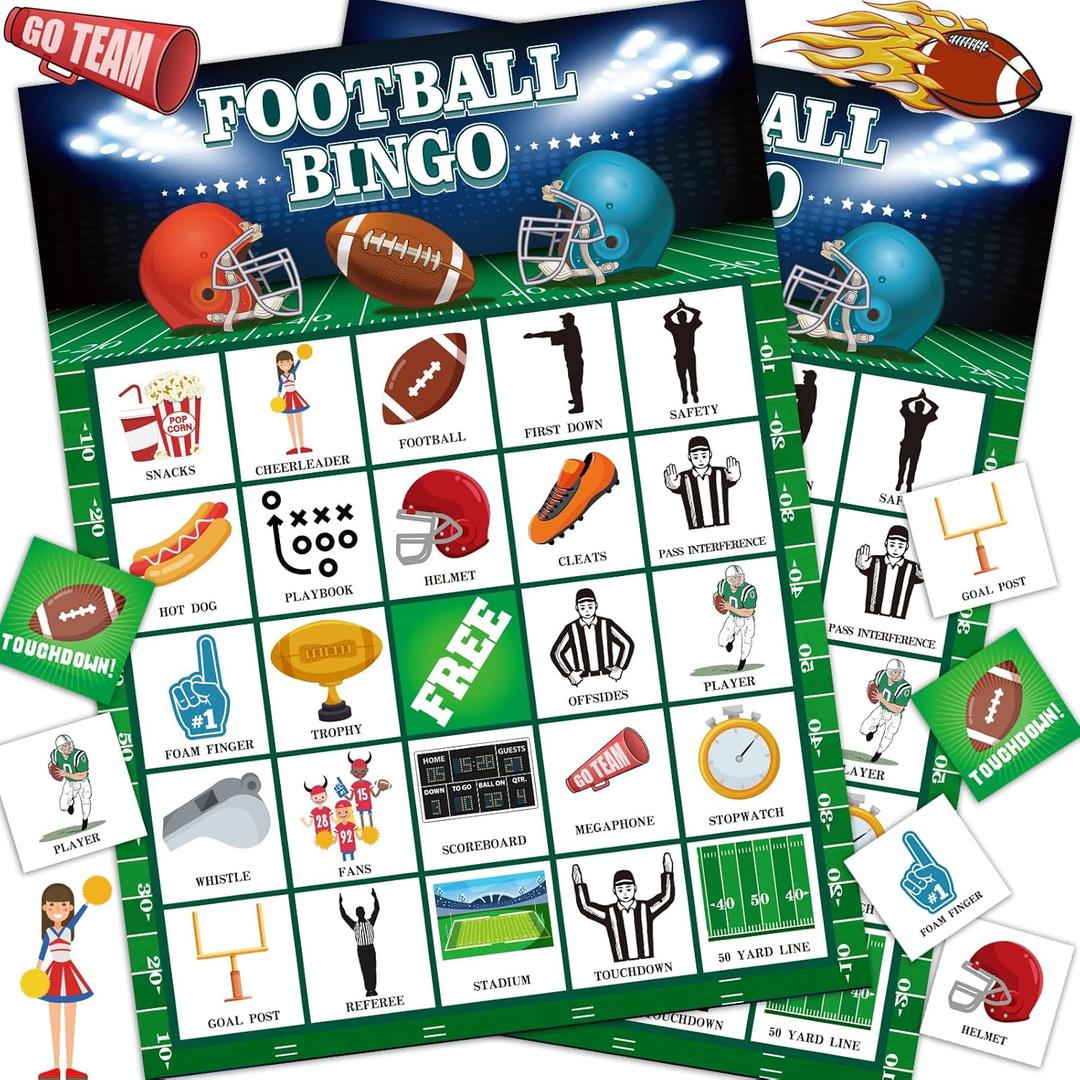 Football Party Games Football Bingo Game for Adults Kids Big Game Football Party Favors 24 Players Football Bingo Games Activities Football Birthday Party Supplies Favors (Green)