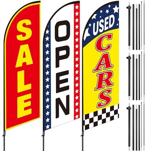 Hahafelt 3 Pcs Used Cars Flag 7 x 5.4 ft Car Auto Dealer Swooper Feather Flags Kits Set Advertising Banner Dealership Supplies with Pole Kit for Auto Sale Business Advertising
