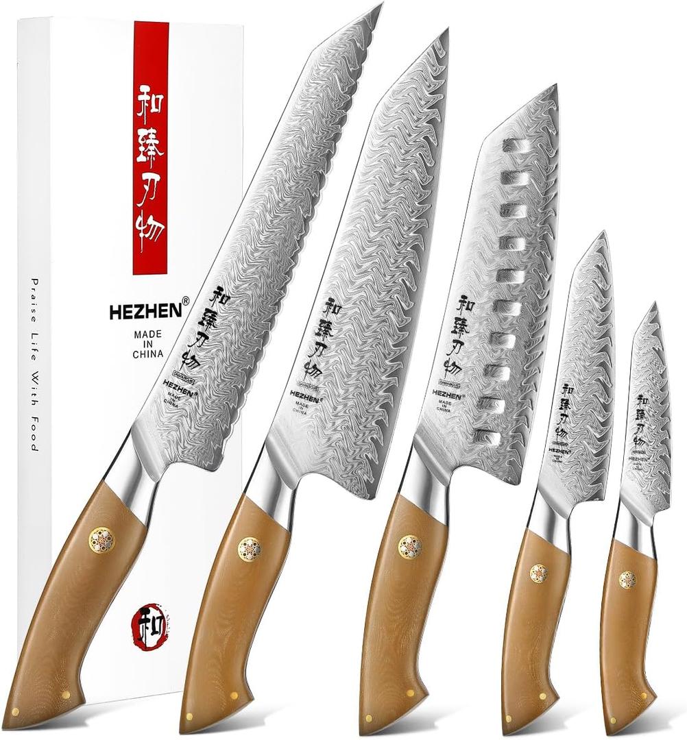 HEZHEN Chef Knife Set, 5 Pieces, 67 Layers Damascus Steel Kitchen Knife Set, ltra-sharp Blade, Professional Knife Sets for Chefs and Home Cooking, Linen Micarta Handle, Gift Packing