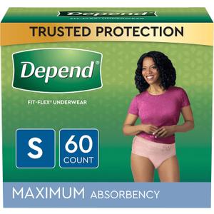 Depend FIT-FLEX Incontinence Underwear for Women, Disposable, Maximum Absorbency, S, Blush, 60 Count