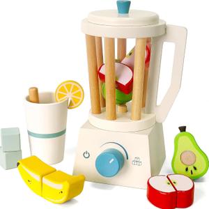PairPear Wooden Smoothie Blender Toy 14 Piece Kids Kitchen Accessories Set with Cup, Ice Cubes & Fruit Pretend Play Juice Maker for Boys & Girls Ages 3+, Blender