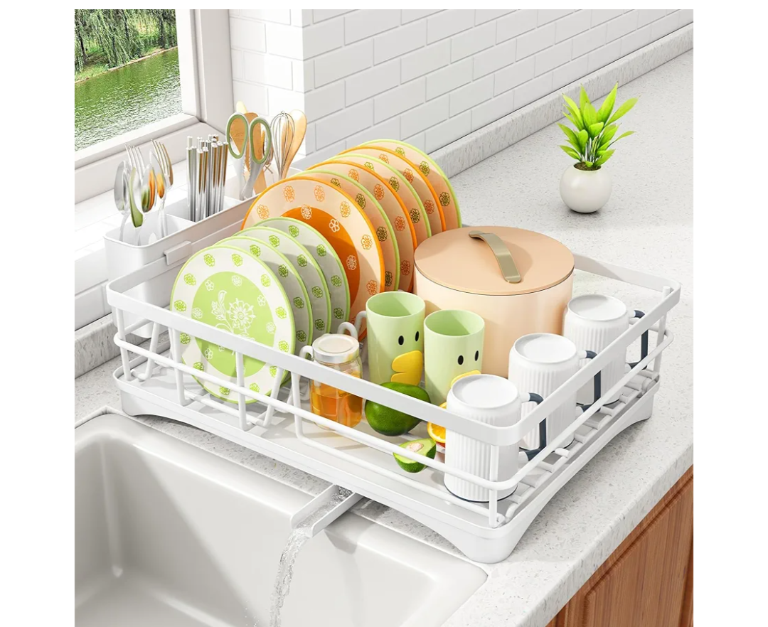 SAYZH Dish Drying Rack  Stainless Steel Dish Rack for Kitchen Counter, LargeCapacity Dish Drainer with Cutlery Holder, Kitchen Organizer for Dishes, Spoons and Forks, White