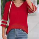 Women's V Neck Mesh Panel Sleeve Tops Tie Knot Hem Tops 2025 Summer Casual Blouses 3/4 Bell Sleeve Loose Shirt