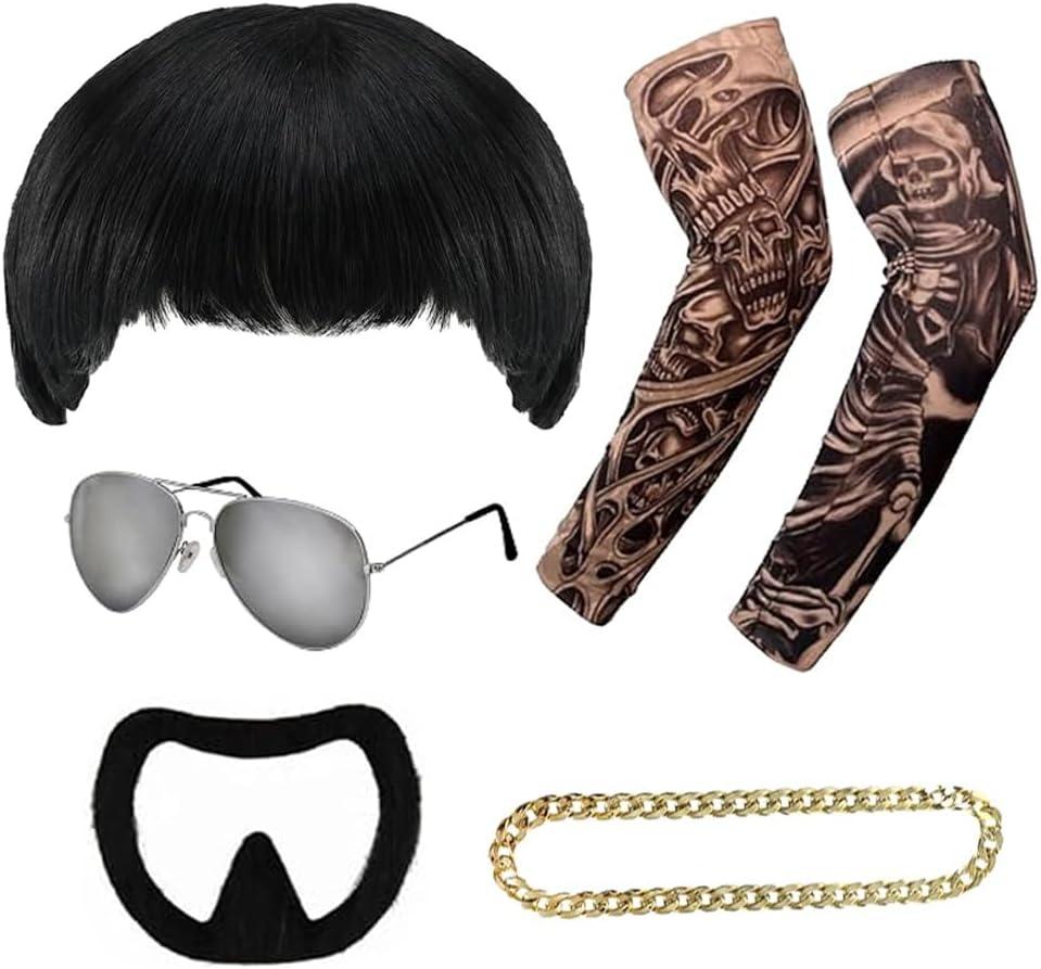 sanderala Ibiza Final Boss Costume Rave Accessory Set Black Bowl Cut Wig, Goatee, Gold Chain, Fake Tattoo Sleeves & Shades Funny Fancy Dress Costume Kit for Halloween