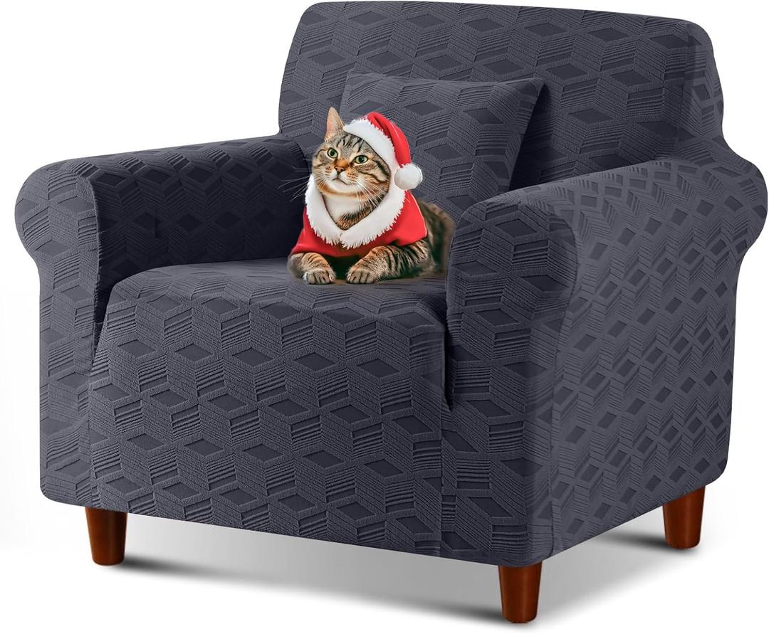 TAOCOCO Stretch Chair Slipcover, 1Piece Non Slip Armchair Cover Washable Chair Sofa Slipcover with 1PCS Throw Pillow Cover, Jacquard Furniture Protector for Pets Dog(1 Seater,Dark Grey)