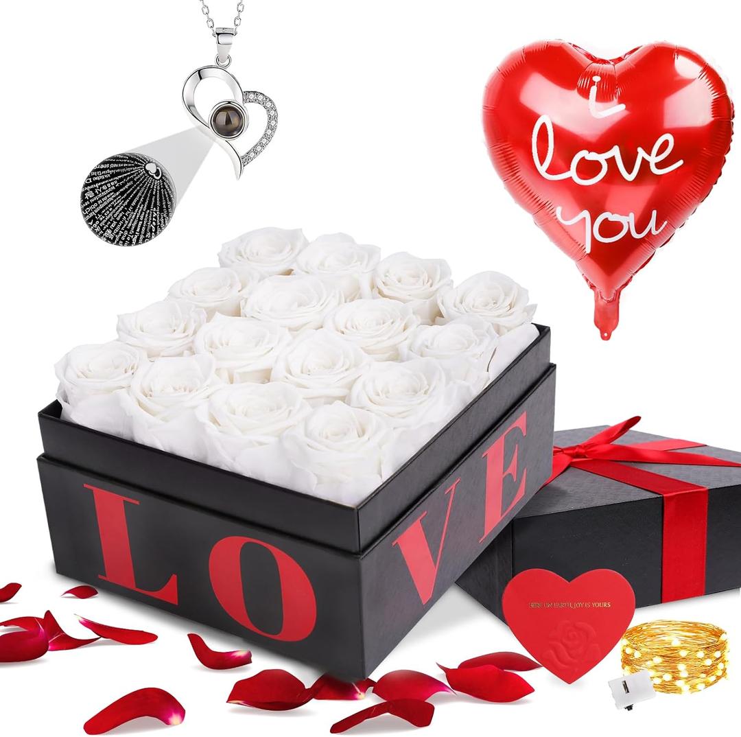 Preserved Flowers in a Box with Necklace Mothers Day Gifts for Mom Flowers for Delivery Prime That Last 3-5 Years 16 White Forever Roses Anniversary Birthday Gifts for Her Wife Women Girlfriend