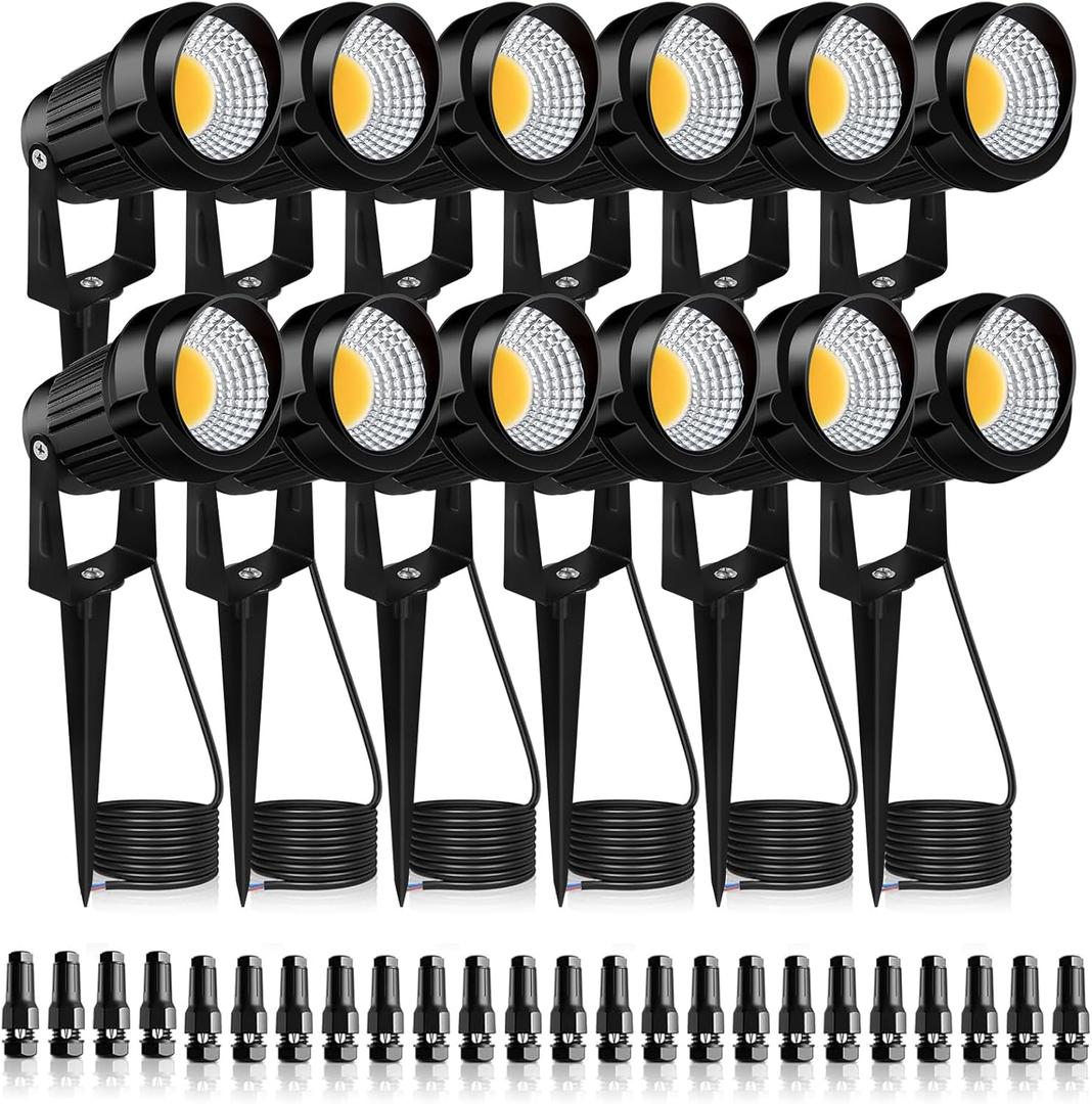 7W LED Landscape Lights Low Voltage, 3000K Warm White 12V AC/DC Waterproof Outdoor Spotlights, IP65 Garden Pathway Lights with 12 Spike Stands for Tree Garden Yard Pathway (12 Pack)
