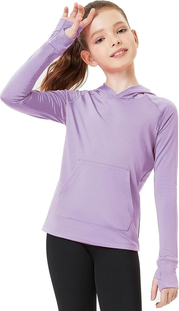 FitsT4 Sports Kids UPF50+ Sun Shirt with Pockets Thumbholes Girls Lightweight Quick Dry UV Protection Long Sleeve Hoodie (Large, Purple)