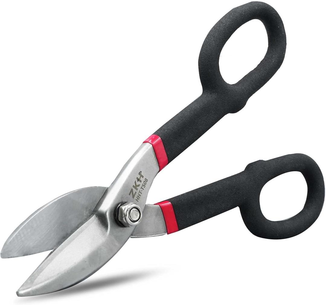 ZKH 8 Inch Tin Snips, Alloy Steel Forged Heavy Duty Metal Shears with Comfortable Two-Color PVC Dipped Plastic Handle, Metal Snips for Cutting Sheet Metal