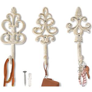 Shabby Chic Decorative Wall Hooks - Set of 3 - Cast Iron French Country Wall Decor - Farmhouse Hangers for Coats, Purses and More - Rustic White