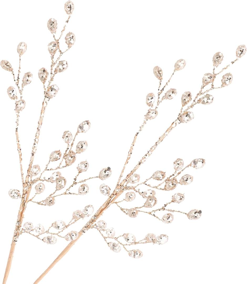 Luxshiny 2pcs Artificial Bouquet Golden Plastic Stem with Crystal Acrylic Bead Drop Stem Branch Beaded String Bridal Picks DIY Craft Wedding Home Decor (30.00X9.00X9.00CM)