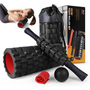 5 in1 Foam Roller Set, Trigger Point Foam Roller, Massage Roller Stick, Massage Ball, Resistance Band for Deep Muscle Massage Pilates Yoga, Fitness Exercise for Whole Body (Black-Red)