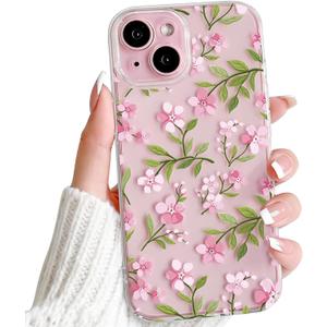 NITITOP Compatible with iPhone 13 Case Clear Cute Aesthetic Flower Floral Branch Pattern for Women Girls Full Camera Lens Soft TPU Slim Shockproof Protective Cover - Pink