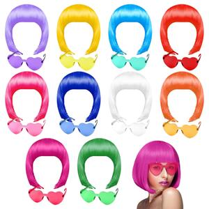 PLULON 20 Pieces Party Wigs and Sunglass Set, Neon Short Bob Wig Sunglass Pack Costume Colorful Cosplay Wig Daily Party Hairpieces for Bachelorette Neon Party Favors, Halloween Decorations (Multicolor)