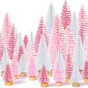 Leyndo 48 Pcs Pink White Artificial Mini Christmas Tree Xmas Sisal Bottle Brush Trees with Wood Base Christmas Decor for Xmas Party Table Top Winter Ornaments Home Kitchen Crafts