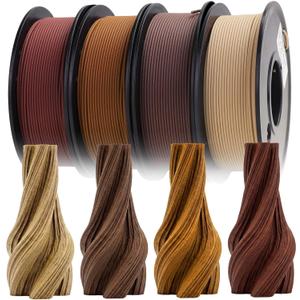 Wood PLA Filament Bundle, 3D Printer Filament Wood Filament 1.75mm PLA Filament,Individually Vacuum Packed, 250g*4 Spools, Maple+Cherry+Walnut+Mahogany