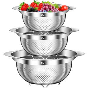Colander, Stainless Steel Colander for Kitchen, 3Pcs Kitchen Gadget Food Strainer Basket with Handle, Kitchen Strainer Colanders Bowl for Pasta Noodles Spaghetti Vegetables Fruit (1QT, 2QT, 5QT)