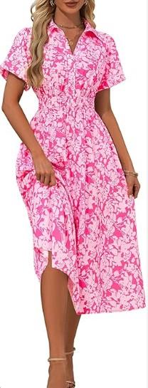FENSACE Summer Dresses for Women Collared V Neck Puff Short Sleeve Floral Flowy Midi Dress with Pockets, (Large)