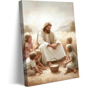 Jesus With Kids Canvas Wall Art Jesus Taught the Children Wall Decor Picture Christian Faith Poster Print for Kids Room Bedroom Prayer Room Church Paintings Artwork Home Decorations