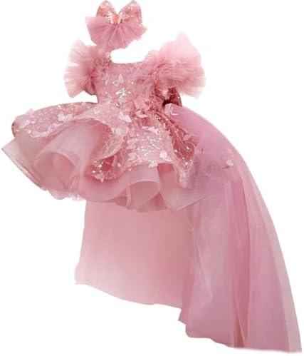 KLFFLGlD Baby Flower Girl Pageant Dresses ButterlyEmbroidered Sequin lace Toddler Formal Wedding PartyPurple Dresses 4-5T (Bean Paste Powder Sleeveless Tailed Dress)