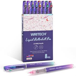 WRITECH Liquid Ink Rollerball Pens: 8ct Assorted Colors Extra Fine Point Tip 0.5mm Roller Ball Rolling Pen for Smooth Writing Coloring Drawing Journaling No Bleed & Smear &Smudge Multi Colored.