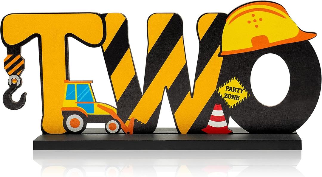 Haooryx Construction Truck Two Letter Sign Wooden Table Centerpiece for Boys, Two Years Old Baby 2nd Birthday Party Decorations, Construction Theme Party Supplies Baby Shower Decor Photo Props