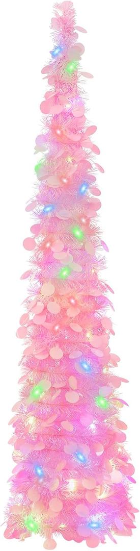 GlyinnHe 5Ft Pop Up Christmas Tinsel Tree with 50 Mulitcolore Lights Prelit Christmas Pencil with Pink Sequins Battery Operated Lighted Glitter Xmas Slim Tree for Indoor Home Party DecorPink