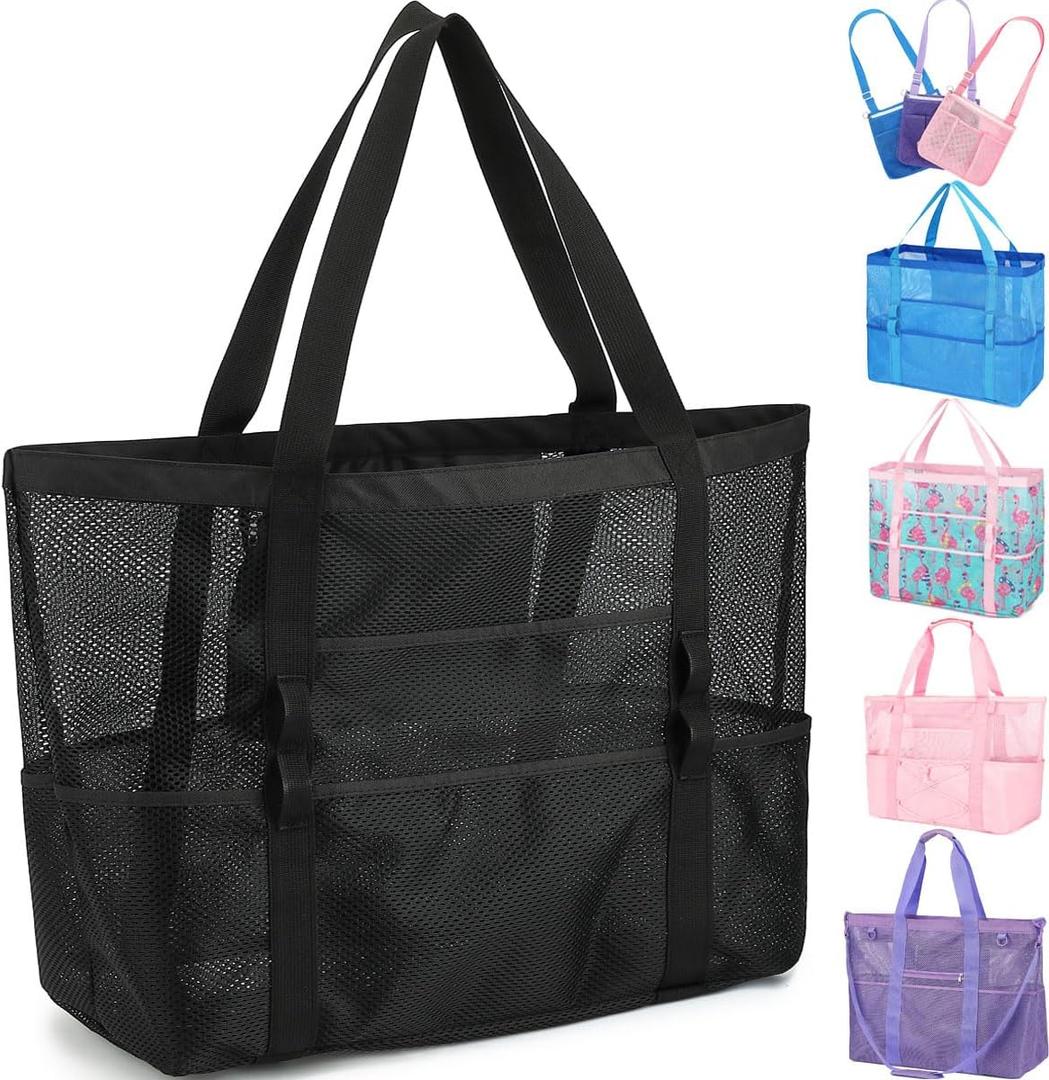 Fammart Mesh Beach Bag, Large Beach Tote with Zipper Pocket, Toys Pool Bag for Family Travel Vacation Cruise Essentials