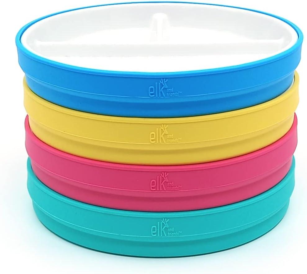 Elk and Friends Kids 6.7 Porcelain Divided Plates with Silicone Sleeves | Suitable for Babies/Kids/Toddlers | Microwave & Dishwasher Safe | Non Slip | Snack Dishes