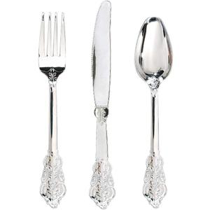 WDF 360 Pieces Silver Plastic Silverware- Disposable Flatware - Heavyweight Plastic Cutlery- Includes 120 Forks, 120 Spoons, 120 Knives