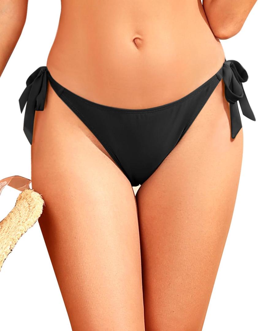 Tempt Me Women Side Tie Bikini Bottoms - String Swim Bottoms Low Rise Bathing Suit Bottoms Cheeky Coverage Swimwear 2025 (Medium, Black)