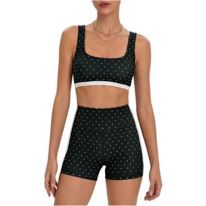 Milumia Women's Polka Dots Workout Set 2 Piece Color Block Bra Tank High Waisted Biker Shorts Layered Matching Yoga Outfit, M