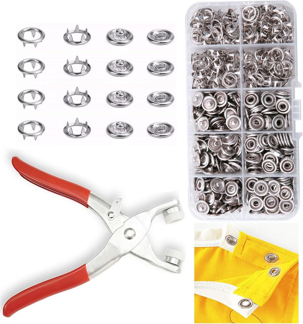 GTAAOY 100 Sets Metal Snaps Buttons with Fastener Pliers Press Tool Kit Perfect for DIY Crafts Clothes Hats and Sewing, Snap Button Fasteners Kit for Clothing Sewing (9.5mm / 400 PCS)