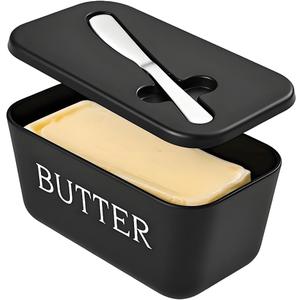 Large Plastic Butter Dish With Lid And Knife,Food Grade PP Butter Holder Keeper With Cover For Kitchen Refrigerator Black Butter Container
