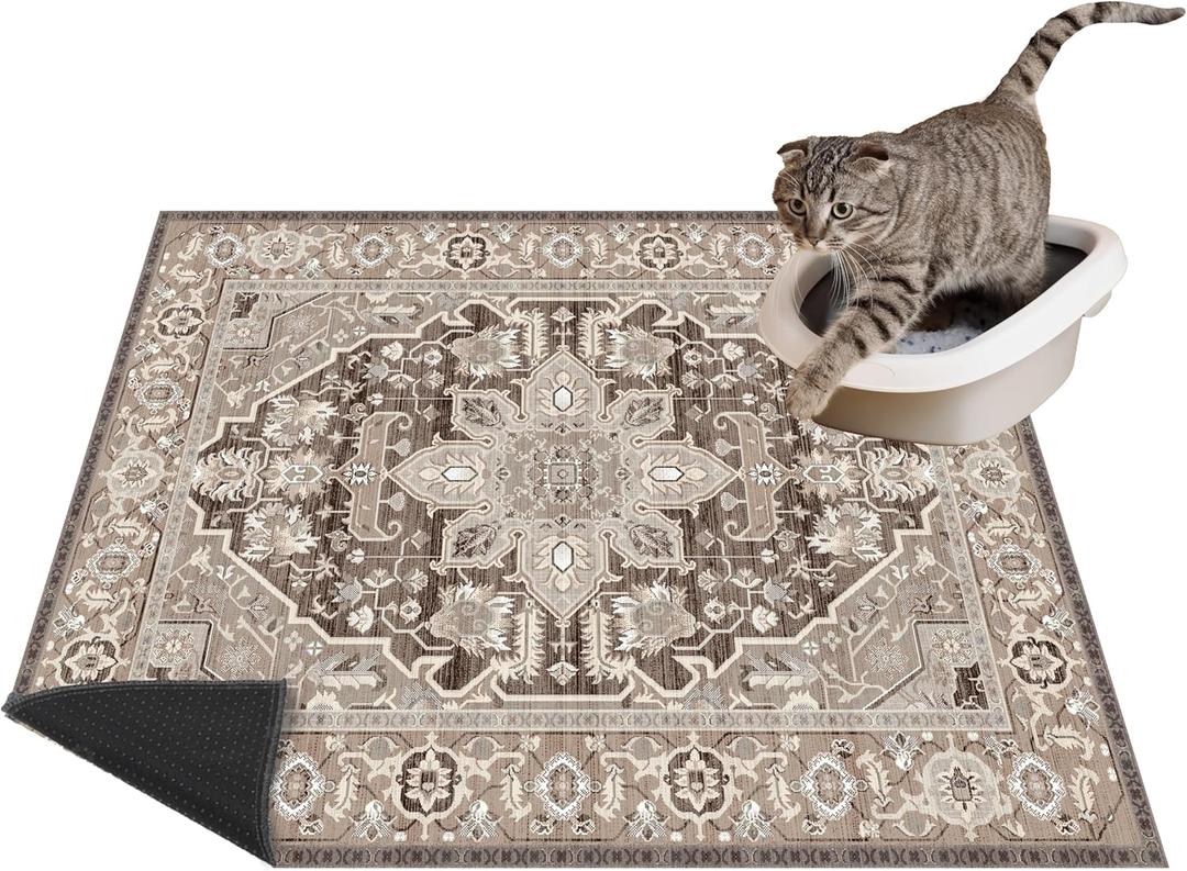 Lovewag Washable Kitty Cat Litter Trapping Mat 2 PCs, Large Reusable Litter Mat for Cat and Kitty, 36x48 Inches, Cat Litter Mat Waterproof Non-Slip Compatible with Cat Box - Caramel Creme (Brown)