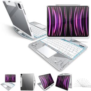 Case with Keyboard for iPad Pro 13-inch 2024 (M4) - Transparent Protective Case with Pencil Holder, 7-Color Backlit Wireless Keyboard, 360 Rotating Stand & Tech Style (Transparent White)